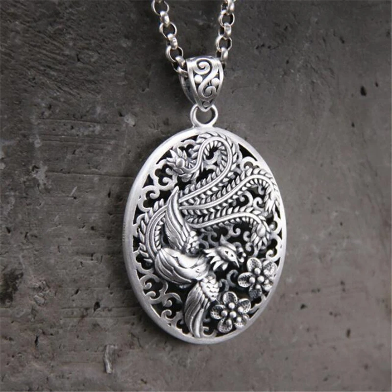 

999 Sterling Silver Phoenix Pendant 32*46MM Oval Shape 100% Pure S999 Solid Thai Silver Pendants for Women Men Jewelry Making