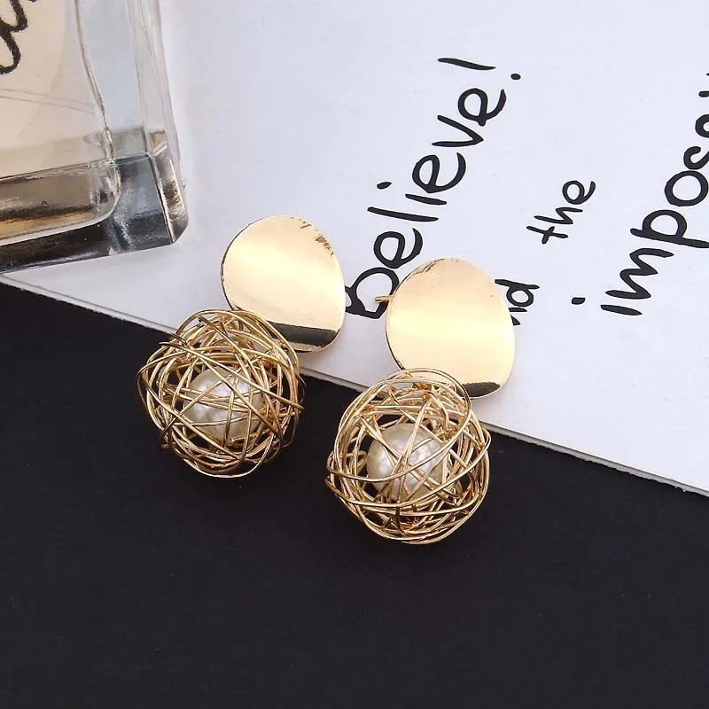 Europe And America Simple Retro Geometric Earrings Woven Ball Imitation Pearl Smooth Round Earrings Metal Female Accessories