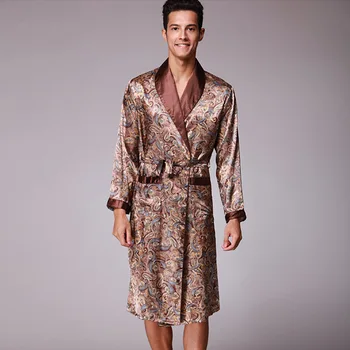 

Chinese Style Men Satin Bathrobe Robe Long Sleeve Pajamas Vintage Print Nightgown Sleepwear Kimono Spring Autumn Home Wear