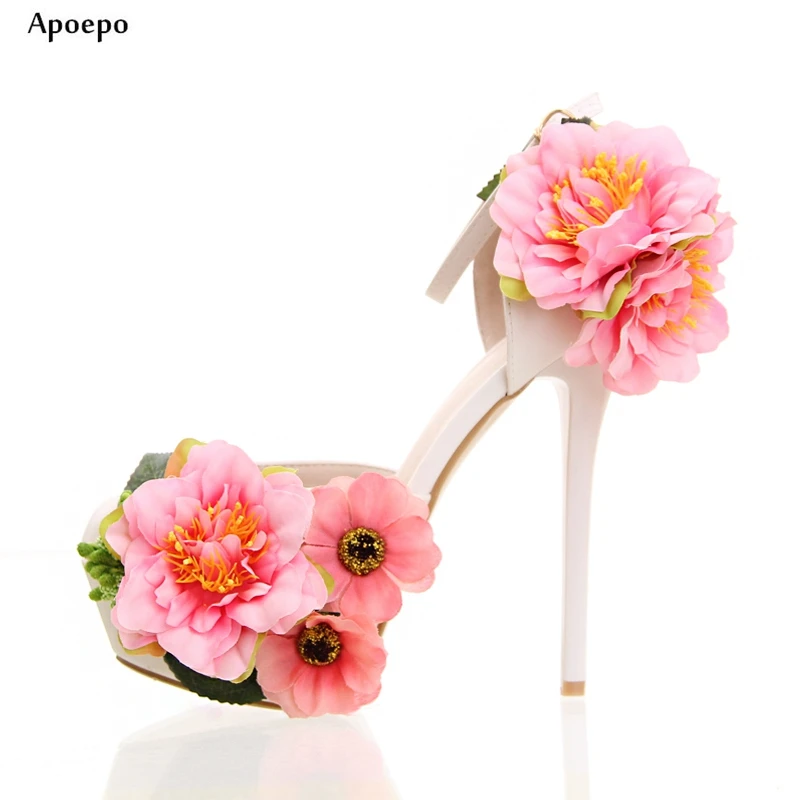 

New Pink Flower Decorations High heel Shoes Sexy Platform Pumps for Woman Cutouts Wedding Heels Ankle Strap Dress Shoes