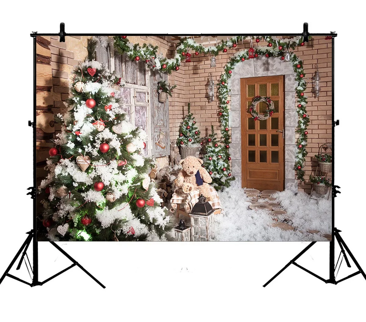 

5x7ft Christmas Tree Garland Bear Toys Latern Lights Winter Polyester Photo Background Portrait Backdrop