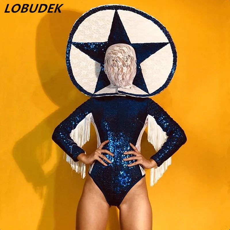 

Lady Nightclub Party Prom Performance Clothing Jazz Pole Dancing Dance Teams Costume Sexy Blue Sequins Tassels Bodysuit Headgear