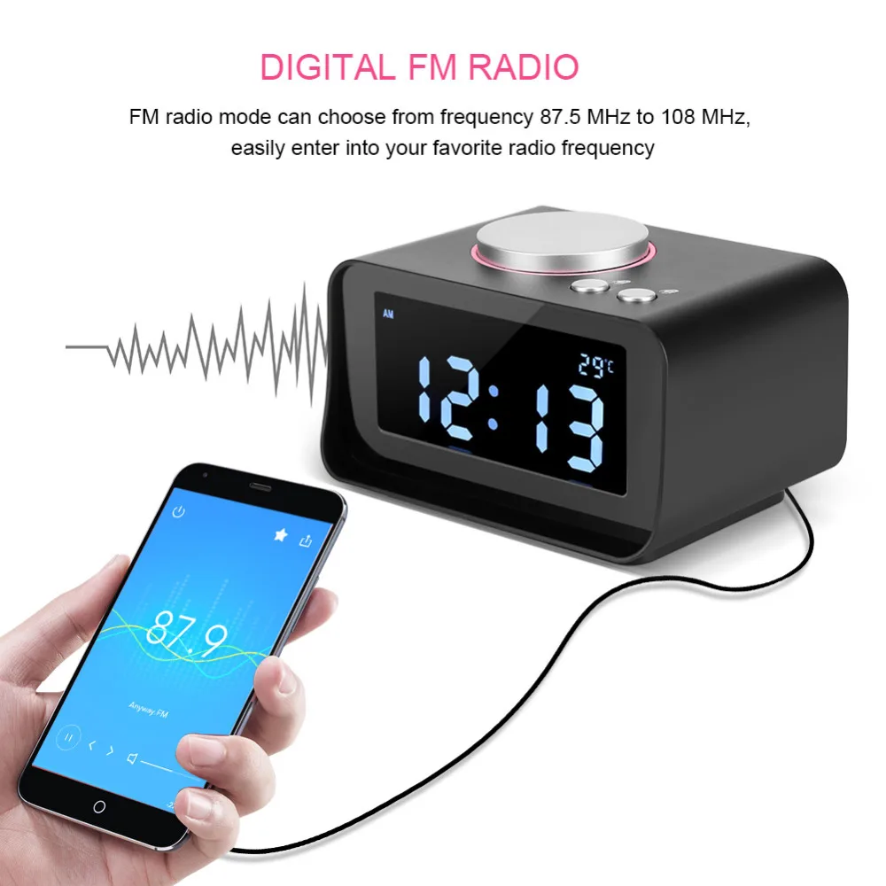 

Digital LED Alarm Clocks Thermometer Electronic Table Calendar Timer FM Radio with Speaker Function Dual USB Charging Ports
