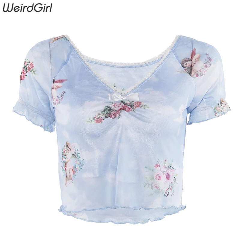 Женский летний эластичный тонкий топ с рюшами футболка с коротким рукавом с принтом ангела с V-образным декольте - Цвет: Синий