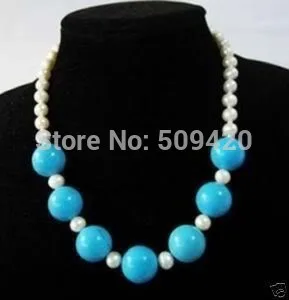 

~~ Free Shipping >> 6-7MM White Pearl 12MM Blue Turquoise Necklace 18