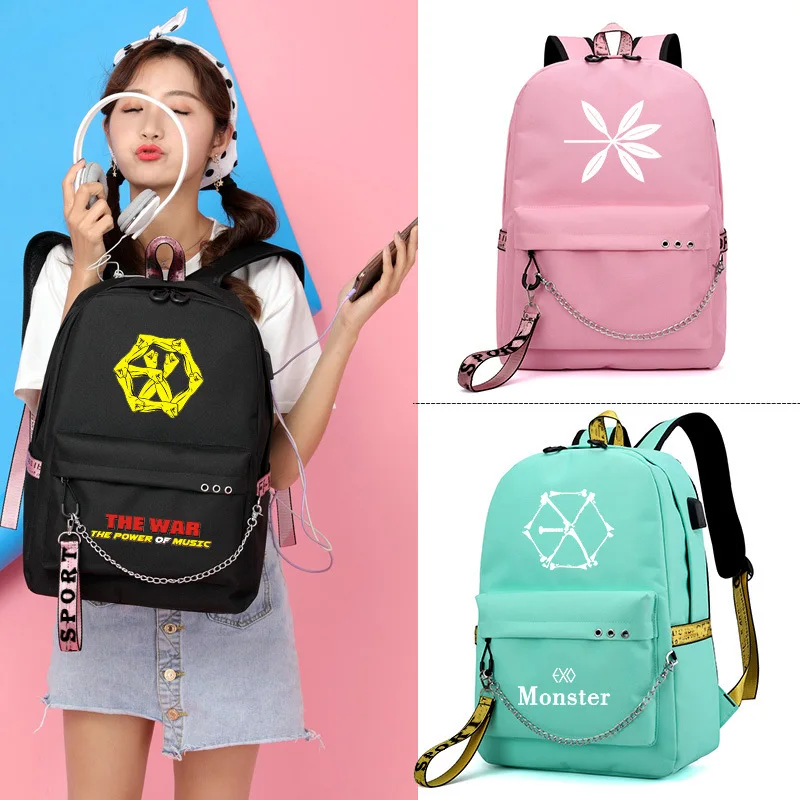 EXO The War Lucky One Monster корейский стиль рюкзак школьные сумки Mochila дорожные сумки для ноутбука с цепочкой USB порт для наушников