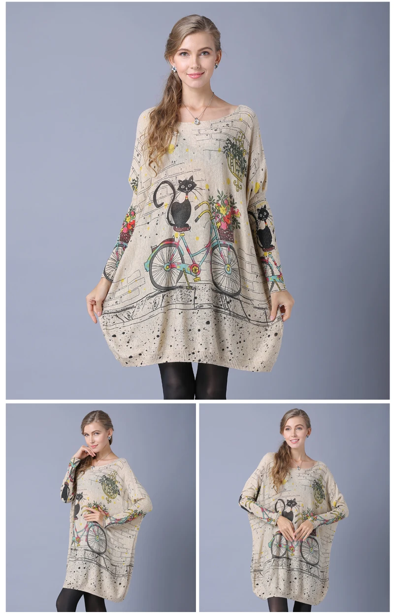 Женский Повседневный свитер, пальто с рукавом «летучая мышь», свитера с принтом, пуловеры, женская одежда, Свободный Повседневный длинный свитер с принтом большого размера