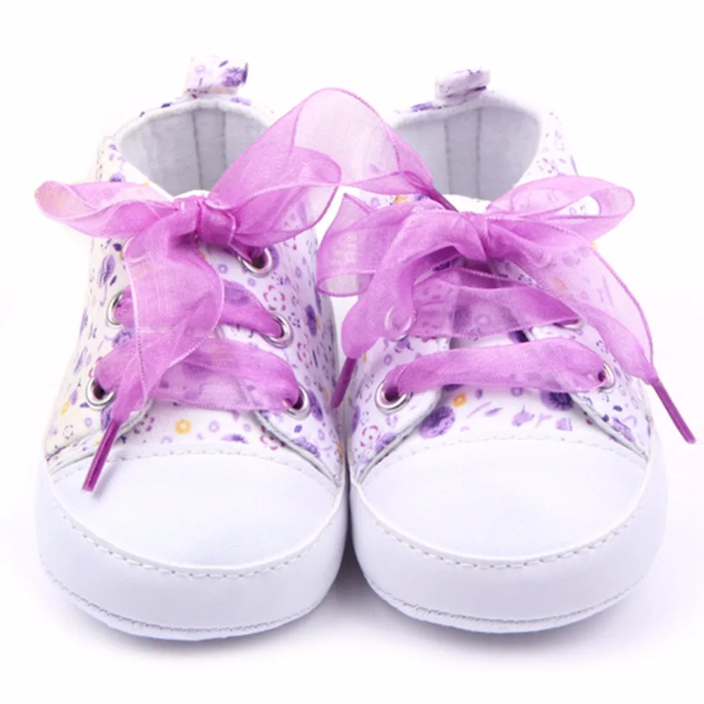 HOT Baby Shoes Flower Ribbon Baby Girl Sneaker Lace Up Soft Sole Prewalkers
