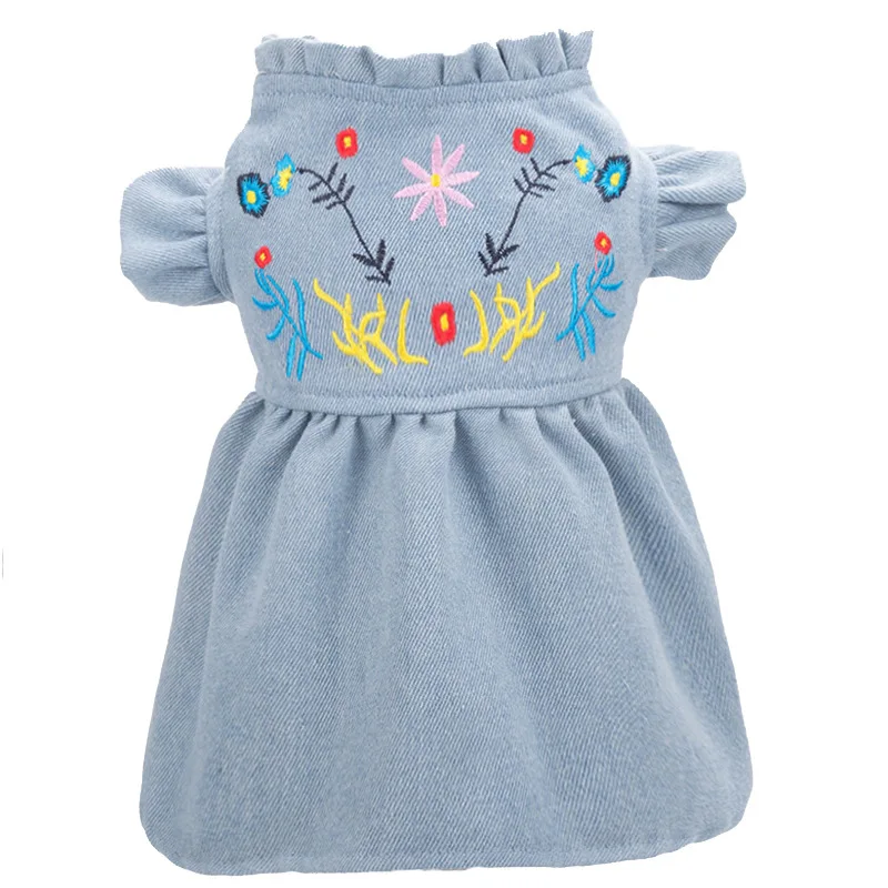 

Embroidered Dog Jean Skirts Summer Pet Dresses for Dogs Skirt Denim Dog Dress Bubble Sleeve Pet Clothes for Dogs Pets Clothing