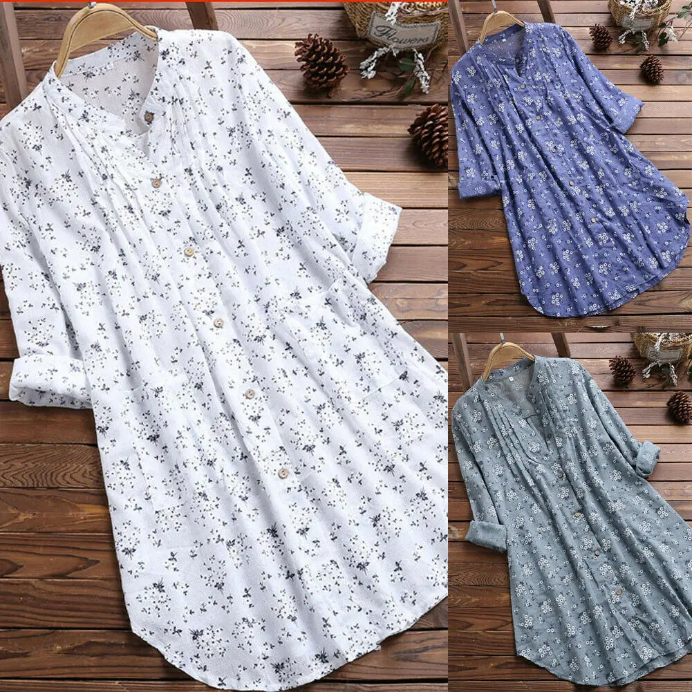

Hirigin New Women' A-Line V-Neck Flower Print Loose Short Sleeve Tunic Top Button Shirt Blouse Plus Size