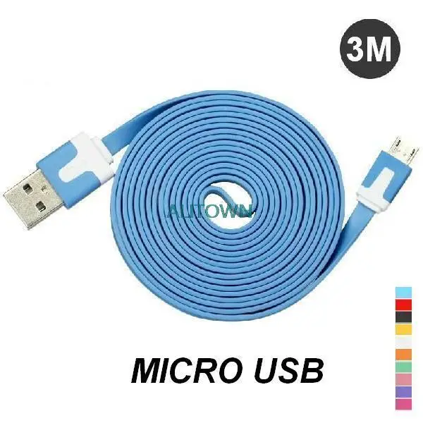 Free Shipping 1000pcs/Lot 3M 10Ft Colorful Flat Noodle Micro USB Data Cable Data Sync&Charge for HTC Samsung Moto Smartphone