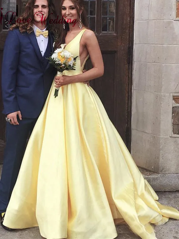 

Fashion New Design 2019 V Neck A Line Evening Dress Custom made Yellow Satin Open Back Formal Evening Dresses Long