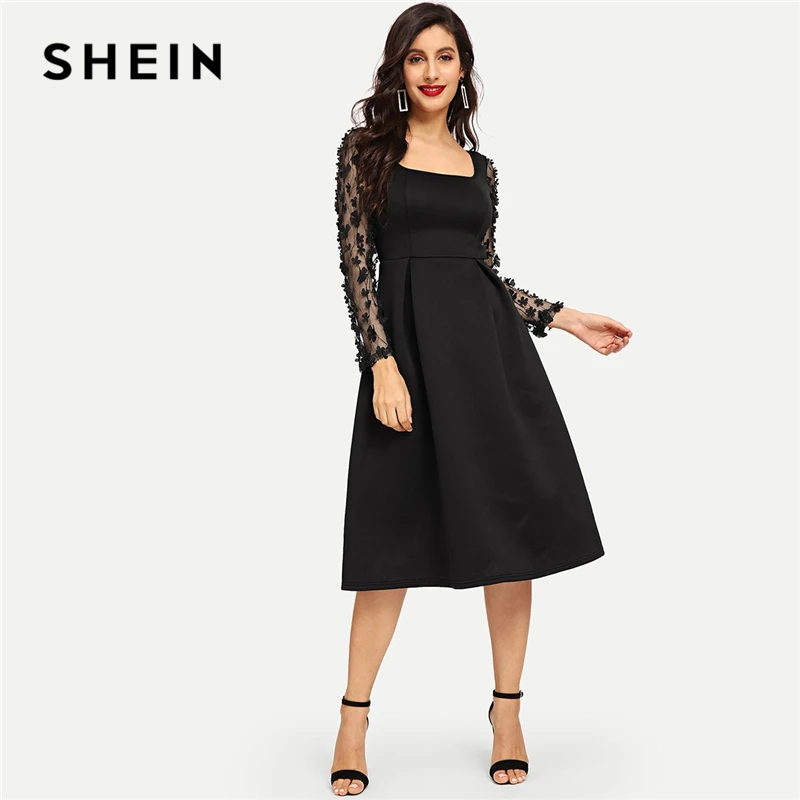 

SHEIN Going Out 3D Applique Boxed Pleated Solid Square Neck Pleated Knee Length Dress 2018 Autumn Modern Lady Women Dresses
