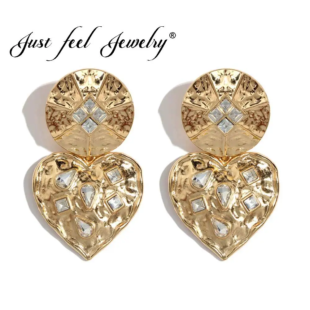 

JUST FEEL New vintage fashion women metal Crystal TEXTURED EARRINGS earring vintage statement fashion za Stud Earring for Women