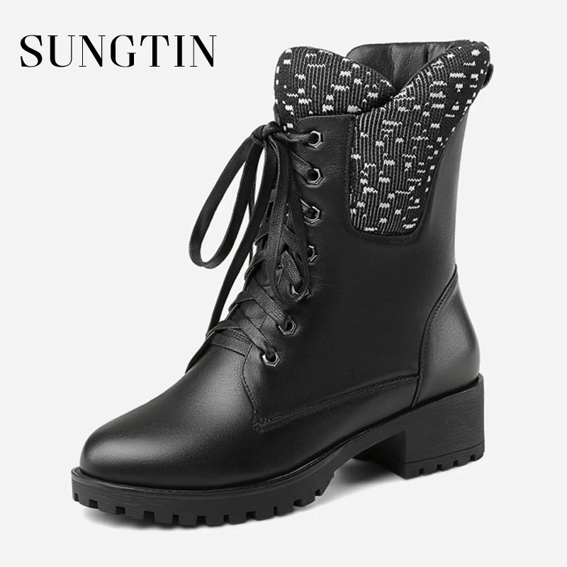 Sungtin Autumn Winter Genuine Leather Lace up Ankle Boots Women