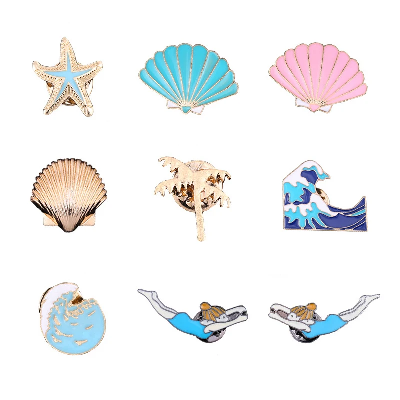 

Coconut Palm Tree Ocean Sea Wave Brooch Shell Starfish Conch Scallop Pins and Brooches Swimming Girl For Enamel Badge Jewelry