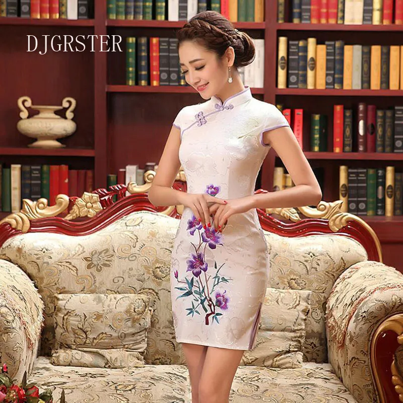 

DJGRSTER Chinese Traditional Embroidery Summer Women Dress Ladies Elegant Qipao Short Sleeve Stand Collar Vintage Cheongsams