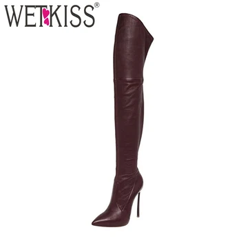 

WETKISS Warm Winter Women Over The Knee Boots Sexy Pointed Toe Pu Boot 2018 New Fashion Thin Heels Lady Shoes Big Size 43
