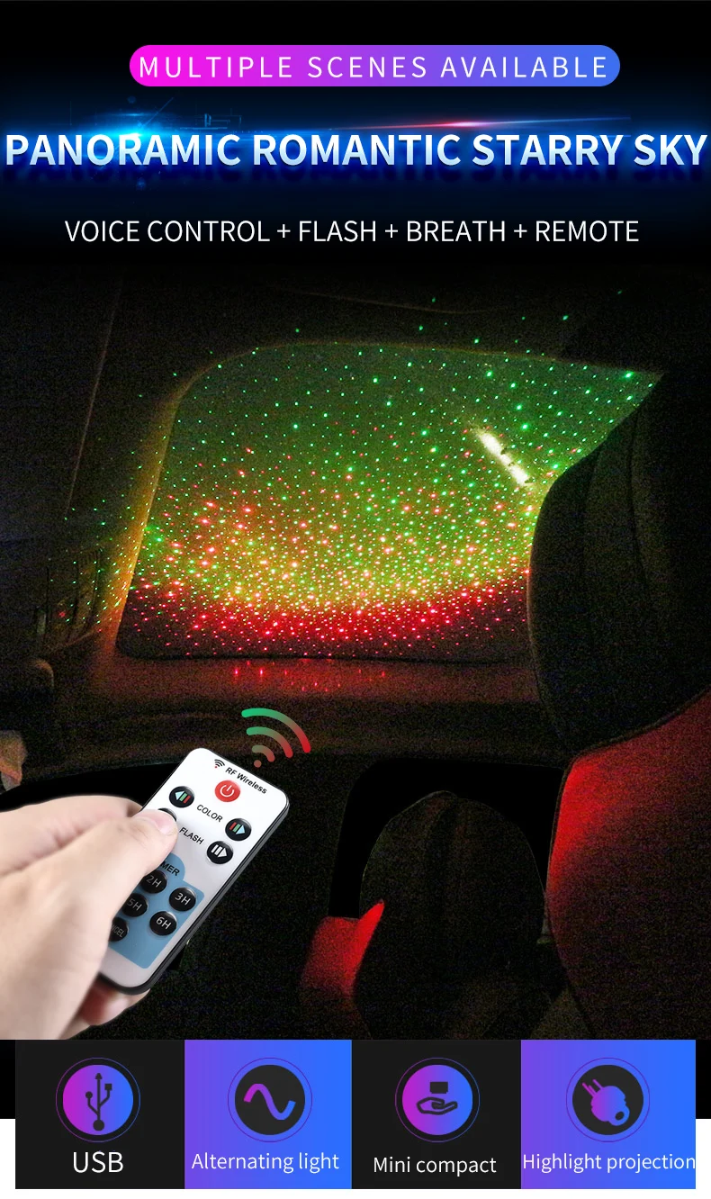 Car Ambient Star Ceiling Light Voice Remote Control USB Universal Night Romantic DIY Car Styling For Audi Bmw Ford KIA Toyota