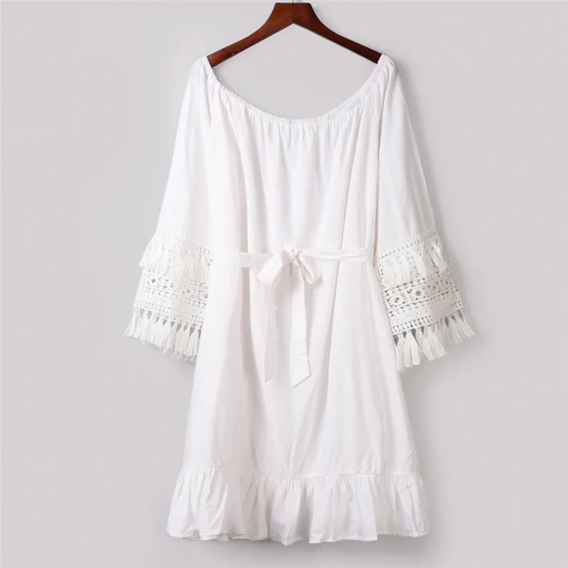Fashion Womens Sexy Off Shoulder White summer dress Splicing Cotton and linen Lace Party Mini Dress beach dresses vestidos L09 (8)