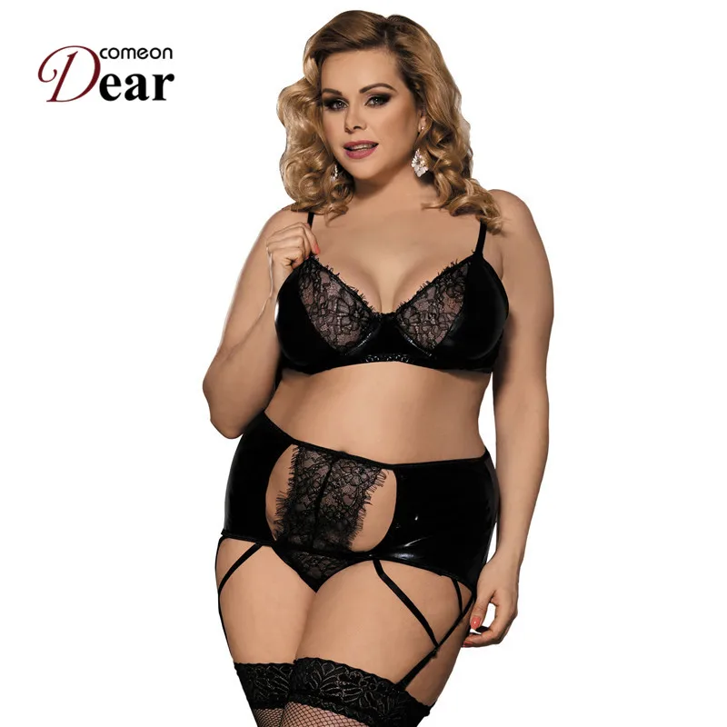

Comeondear Garter Set Plus Size Underwear Women Sexy Set Open Bra See Through Erotic Leather Bra Lace Stripper Clothes RB80315