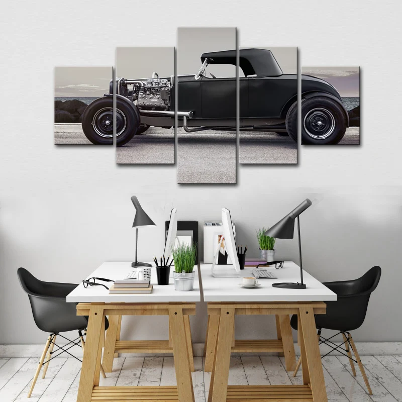 5 Piece Black Classic Car Wall Art Painting Modern HD Car Poster on the
