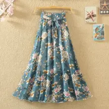 1 шт./партия женский в Корейском стиле длинная юбка с принтом женская Повседневная летняя шифоновая длинная юбка Цветочная прямая юбка