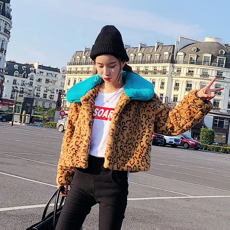 Gtgyff Manteaux Faux Avec Survêtement Chaud Femmes Manteau Velu Vestes Bleu De Artificielle pink Fourrure Collar Vêtements Léopard Col D'hiver Veste Blue Collar rYxnBTrS
