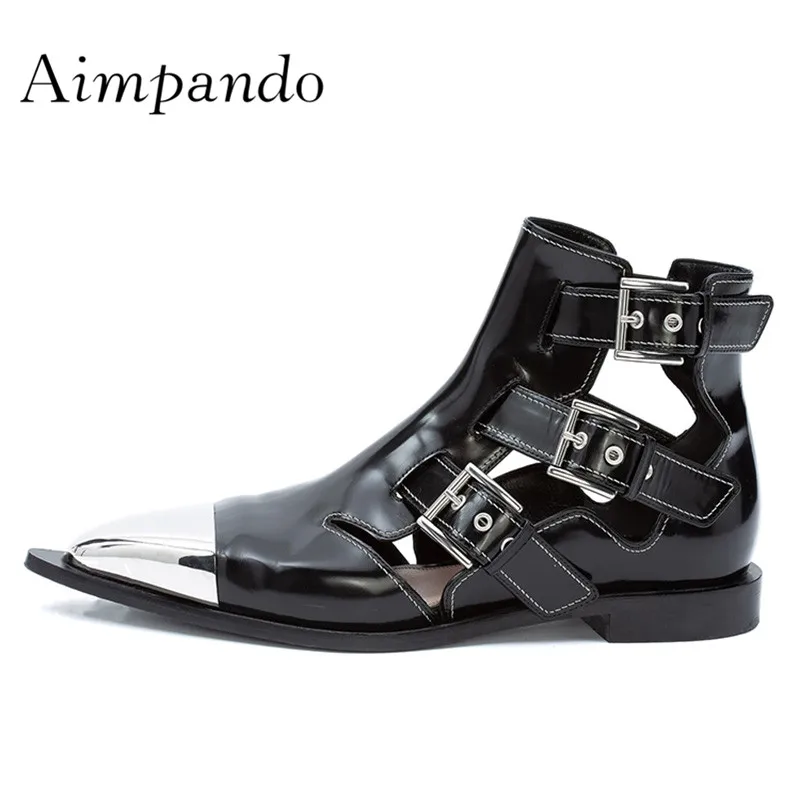 

2020 Punk Style Ankle Boots Woman Silver Metal Pointed Toe Rivet Cut Out Ankle Strap Flat Boots Women Fashion Martin Boots Summe
