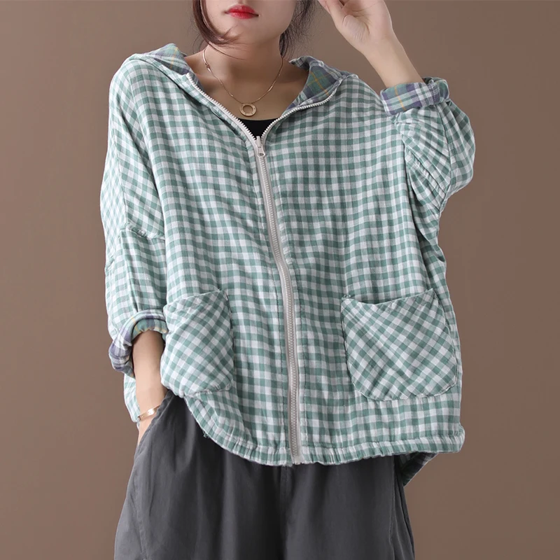 

[EWQ] 2019 Autumn New Pattern Office Lady Style Full Sleeve Loose Large Size Two Sides Plaid Pattern Hooded Collar Coat AF902