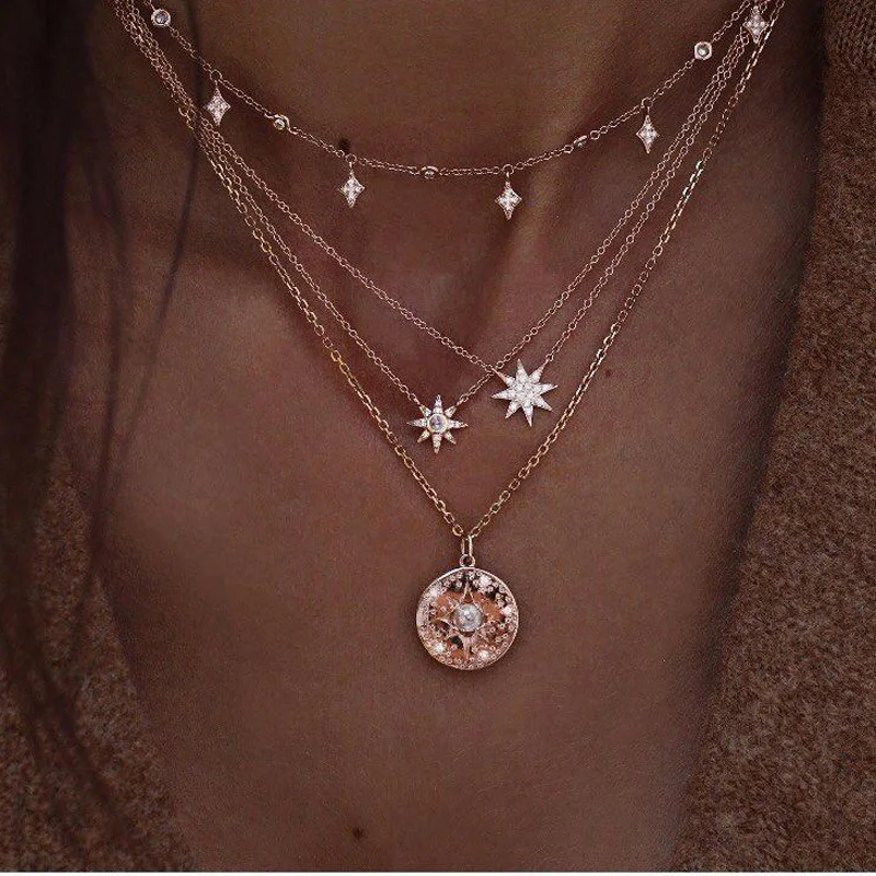 

ALYXUY Fashion Shiny Crystal Stars Pendant Necklace Set for Women Charm Chain Gold Color Necklaces Statement Accesorios mujer