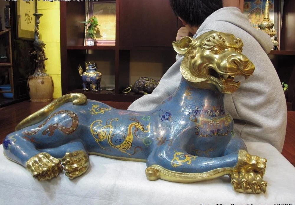 Royal Bronze 24K Gold Cloisonne enamel Feng Shui Chinese Zodiac Tiger