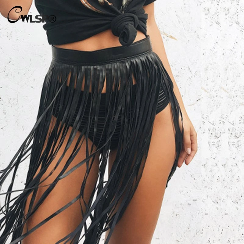 

CWLSP Sexy PU Tassel Skirt For Women Hollow Out 2018 Summer Lady Fashion Mini Leather Short Skirts Saia QZ2782
