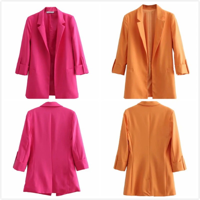 2019 Chic Pink Women Jacket Blazer Solid Notched Collar Pockets Office Ladies Blazers Wear Coat Female Slim Outerwear Tops