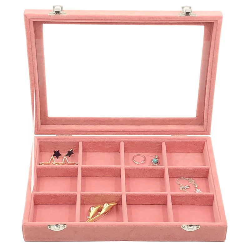 Розовый бархат коробка для хранения ювелирных изделий со стеклянной крышкой серьги ожерелье браслет кольцо лоток для хранения и дисплей реквизит 28*20*5 см - Цвет: 12 SLOTS BOX