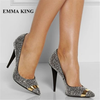 

EMMA KING 2018 Zapatos De Mujer Luxury Crystal Studded High Heels Pumps Women Sexy Pointed Toe Office Ladies Dress Shoes Women