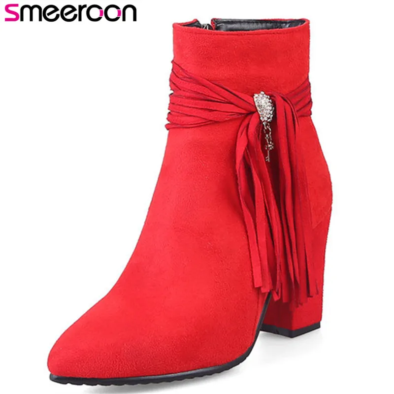 

Smeeroon 2018 new pointed toe zip+fringe ankle boots for women autumn winter boots high heels women boots wedding shoes