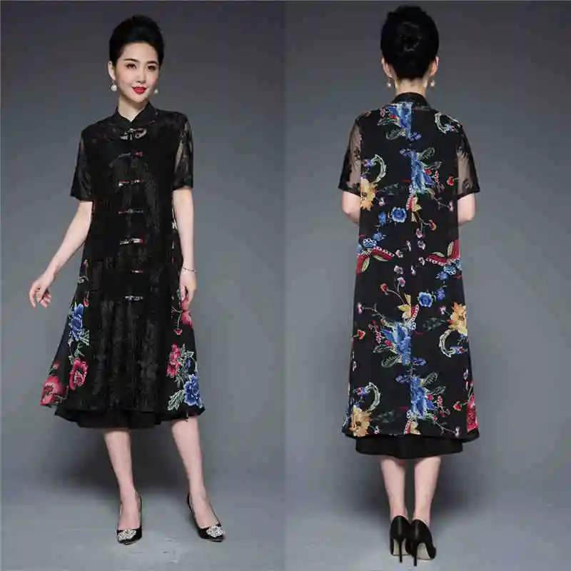 

China style Elegant mandarin collar long dress lace print Twinset dress middle age women summer party dress Plus size vestido4XL
