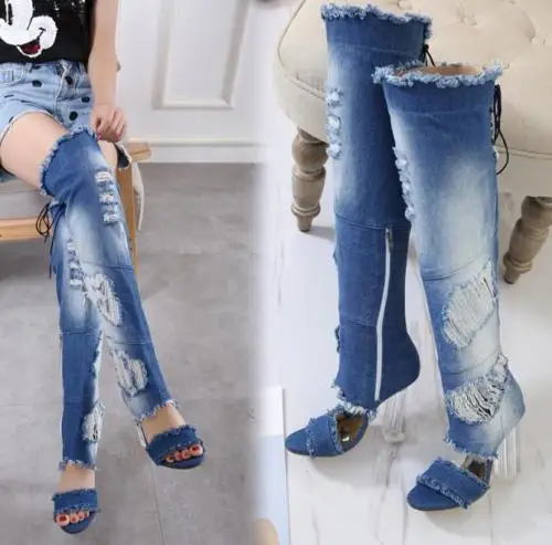 

Womens Ripped Denim Open Toe Blue Over Knee Boots High Heel Lace Up Shoes Blue Peep Toe Summer S6