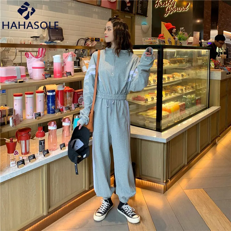 HAHASOLE Women Sportswear Autumn Little Girl prined Loose Leisure Gym Yoga set Elastic Drawstring Pants Sports suit WA4335-4 - Цвет: Серый