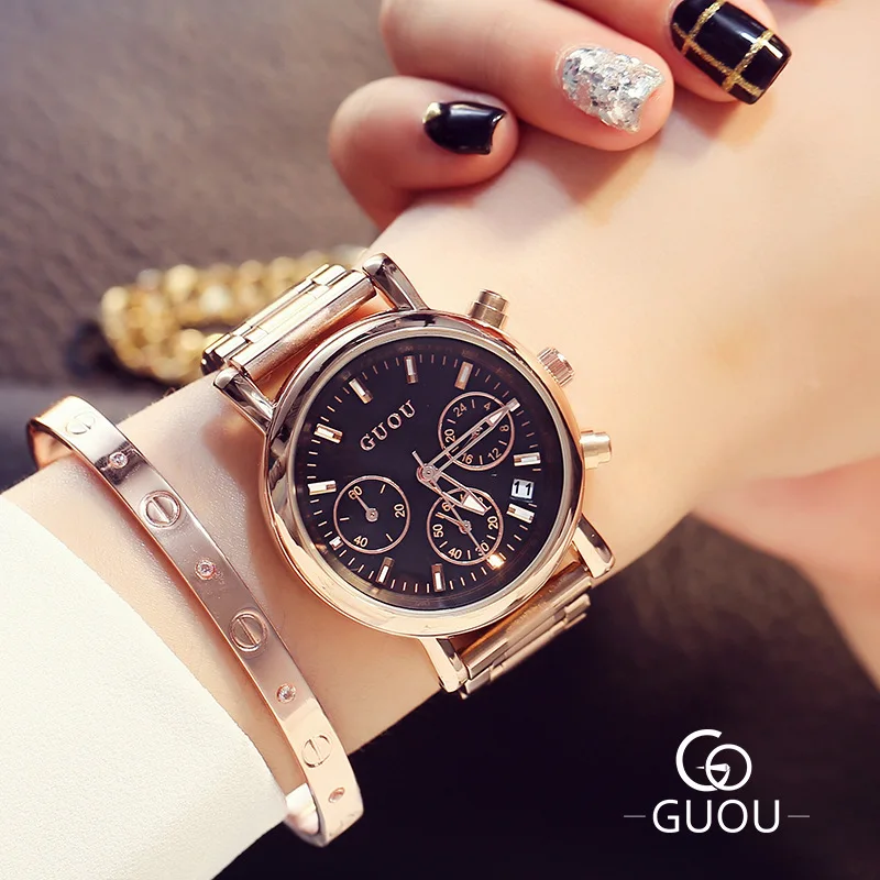 AAA GUOU модные роскошные женские часы из нержавеющей стали с календарем из розового золота с 3 глазами женские платья мужские кварцевые часы