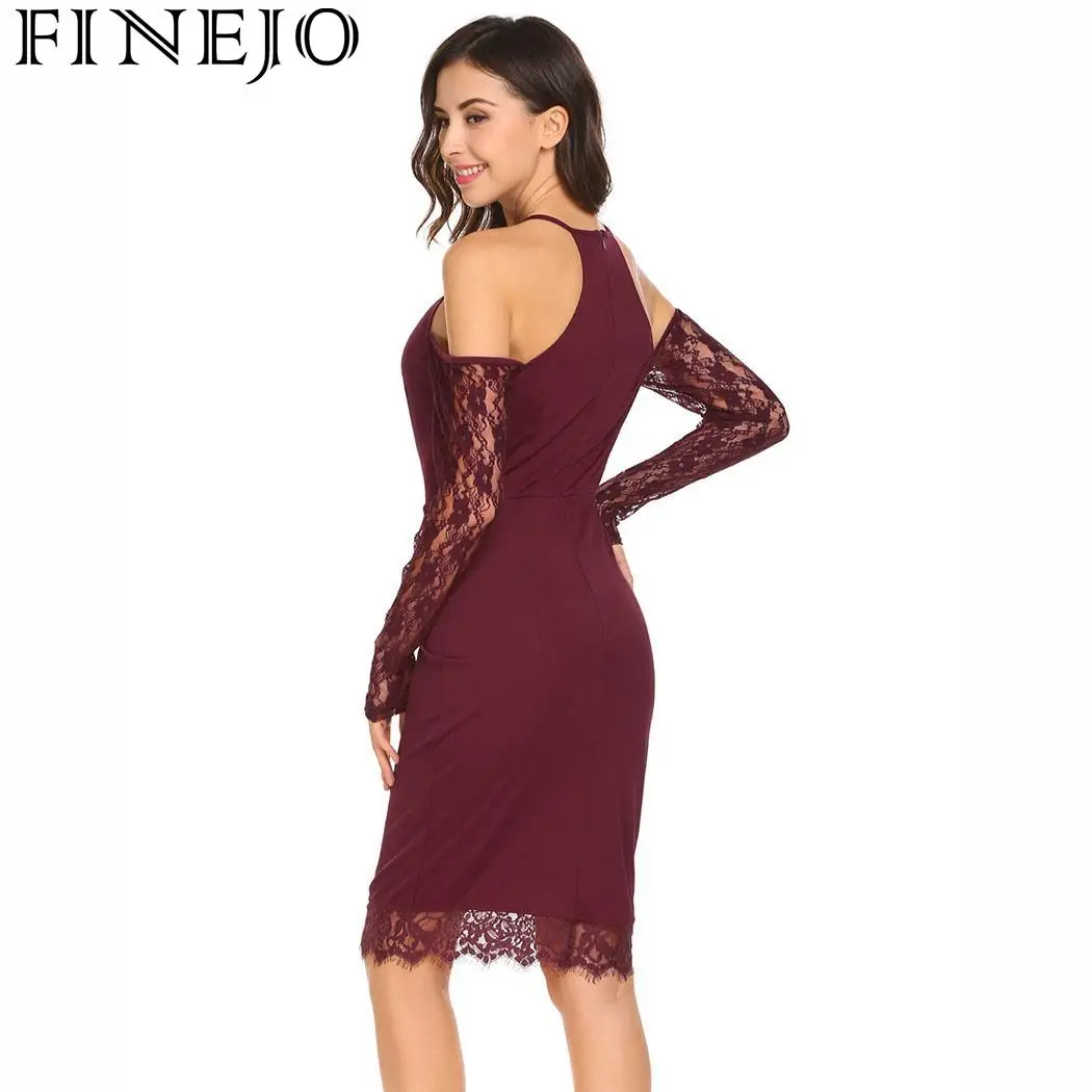 

FINEJO Bodycon Dress Women Spring Autumn Sexy Party O Neck Casual Halter Women Cold Shoulder Lace Sleeve Slim Feminina Vestidos