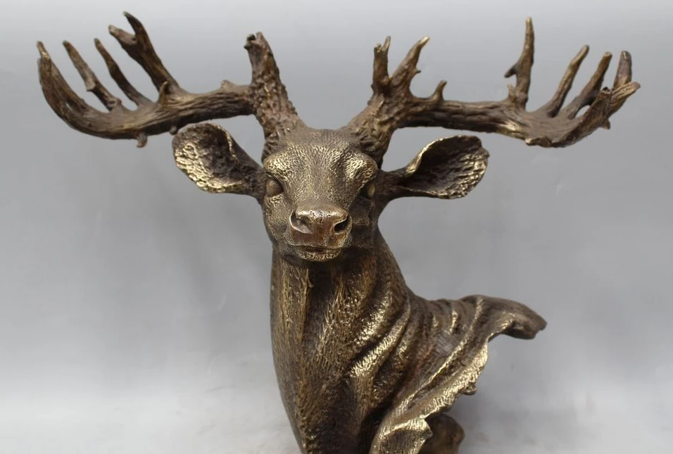 

13" China Chinese Fengshui Folk Brass Deer Head Bust Animal Statue sculpture