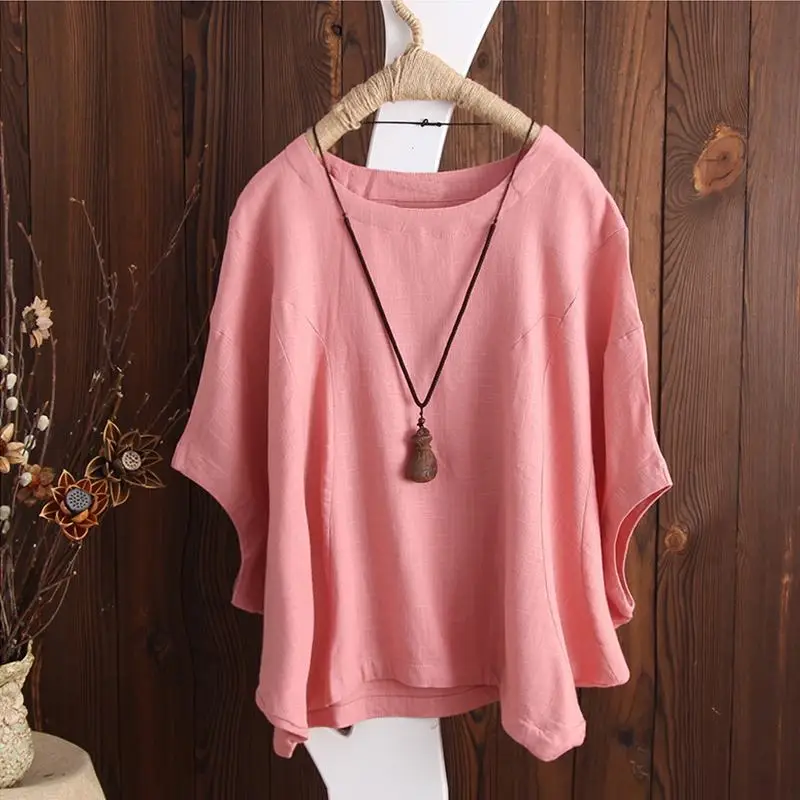 Летняя женская блузка ZANZEA размера плюс, Повседневная однотонная хлопковая рубашка, Женские Мешковатые Блузы с рукавом, топы для офиса, сорочка - Цвет: Pink