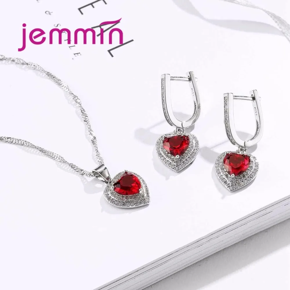 Высокое качество, новинка, 925 пробы, Серебряное сердце, рубиновое ожерелье, серьги, свадебные ювелирные комплекты для невест, Femme Bijoux