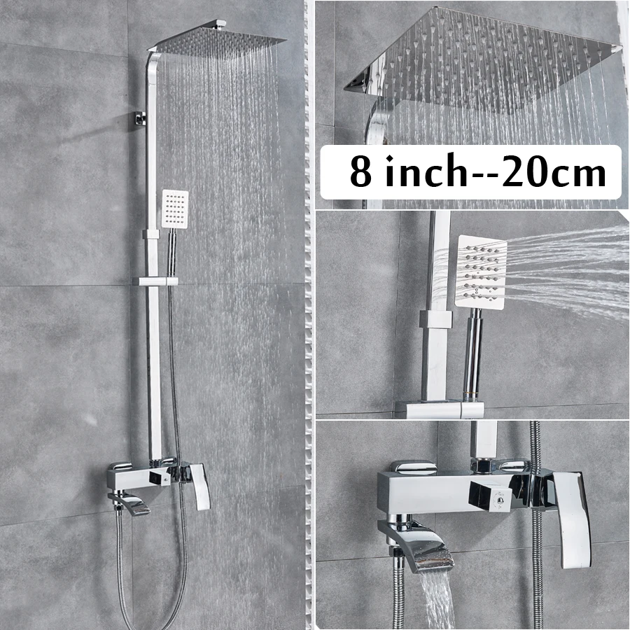 Chrome Plated Wall Mounted Rainfall Shower Head Faucet Single Handle Mixer Tub Stainless Steel