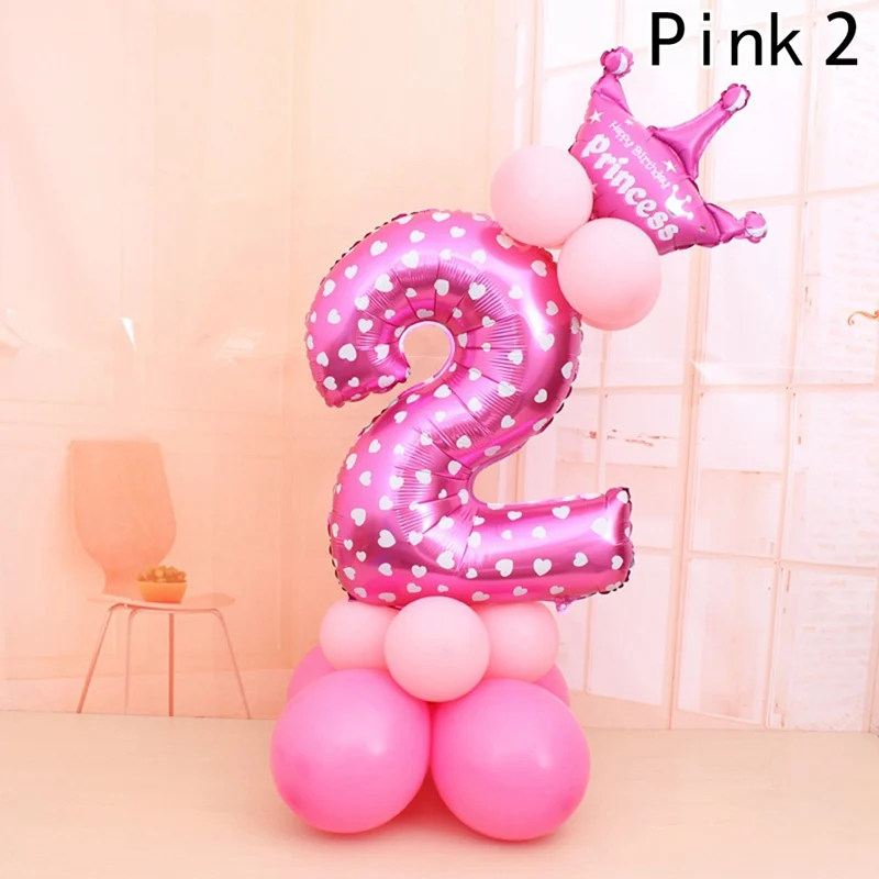 1 компл. Синий Розовый Фольга номер шар латексные воздушные шары с короной юбилей ребенка душ Дети День рождения надувные игрушки - Цвет: PK2
