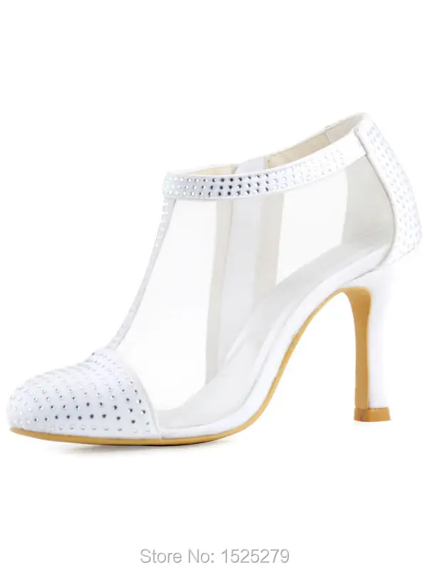 

HC1524 White Close Toe Women's Rhinestone T-Strap High Heel Pumps Bridal Wedding Shoes