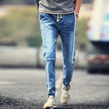 Casual Hot Sale Jeans Homme Summer Style 2016 Japanese Retro train Washed Denim Trousers Slim Spliced Striped Jeans Skinny Male
