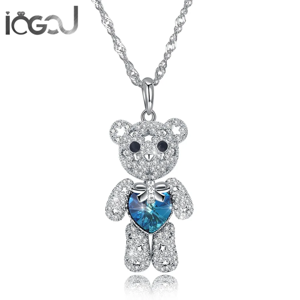 

IOGOU Blue Lovely Bear Crystal From Swarovski Necklace Solid 925 Sterling Silver Mujer's Pendent Necklace Chain